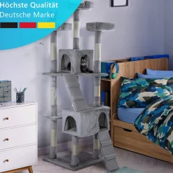 NYVI Katzen Kratzbaum Diego 170 cm Grau - Deluxe Katzenbaum mit Katzenhöhlen, 3 Plattformen und Sisal Kratzsäule