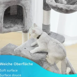 NYVI Katzen Kratzbaum Figaro 102 cm Grau - Deluxe Katzenbaum mit Katzenhöhle, Hängematte, Plattform, Katzenspielzeug und Sisal Kratzsäule
