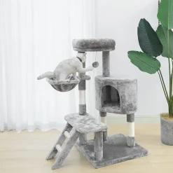 NYVI Katzen Kratzbaum Figaro 102 cm Grau - Deluxe Katzenbaum mit Katzenhöhle, Hängematte, Plattform, Katzenspielzeug und Sisal Kratzsäule