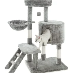 NYVI Katzen Kratzbaum Figaro 102 cm Grau - Deluxe Katzenbaum mit Katzenhöhle, Hängematte, Plattform, Katzenspielzeug und Sisal Kratzsäule