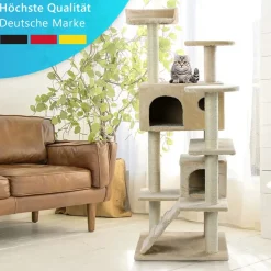 NYVI Katzen Kratzbaum Sammy 132 cm Beige - Deluxe Katzenbaum mit 2 Katzenhöhlen, 3 Plattformen und Sisal Kratzsäule