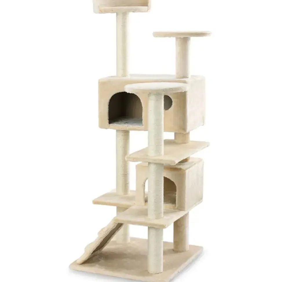 NYVI Katzen Kratzbaum Sammy 132 cm Beige - Deluxe Katzenbaum mit 2 Katzenhöhlen, 3 Plattformen und Sisal Kratzsäule