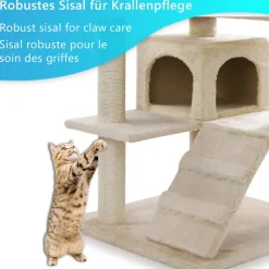 NYVI Katzen Kratzbaum Sammy 132 cm Beige - Deluxe Katzenbaum mit 2 Katzenhöhlen, 3 Plattformen und Sisal Kratzsäule