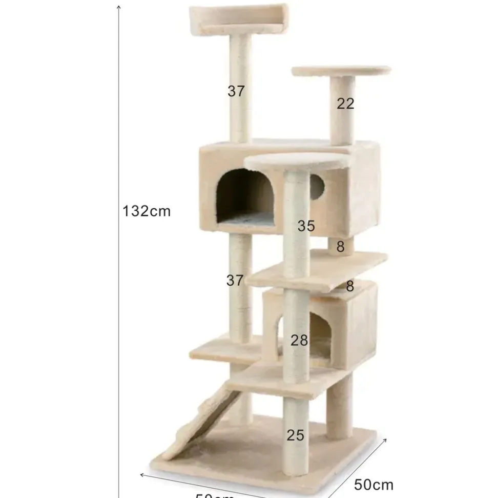 NYVI Katzen Kratzbaum Sammy 132 cm Beige - Deluxe Katzenbaum mit 2 Katzenhöhlen, 3 Plattformen und Sisal Kratzsäule