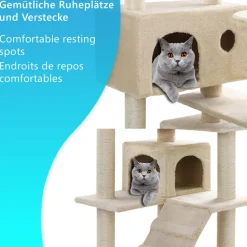 NYVI Katzen Kratzbaum Sammy 132 cm Beige - Deluxe Katzenbaum mit 2 Katzenhöhlen, 3 Plattformen und Sisal Kratzsäule