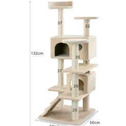 NYVI Katzen Kratzbaum Sammy 132 cm Beige - Deluxe Katzenbaum mit 2 Katzenhöhlen, 3 Plattformen und Sisal Kratzsäule