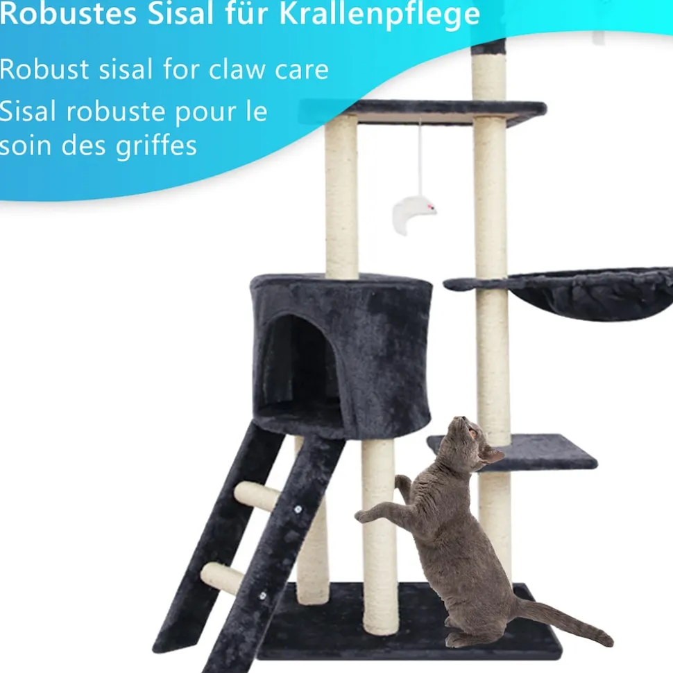 NYVI Katzen Kratzbaum Simba 142 cm Dunkelgrau - Deluxe Katzenbaum mit Katzenhöhle, Spielzeug, Plattform, Sisal Kratzsäule und Hängematte