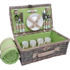 Picknickkorb-Set MCW-B24 für 4 Personen, Weiden-Korb, Porzellan Edelstahl ~ grau-grün
