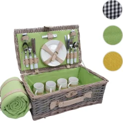 Picknickkorb-Set MCW-B24 für 4 Personen, Weiden-Korb, Porzellan Edelstahl ~ grau-grün