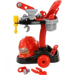 Polesie Kinder Mechaniker-Set 36612 Werkzeugwagen Zange Schraubenzieher Helm rot