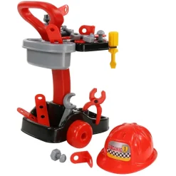 Polesie Kinder Mechaniker-Set 36612 Werkzeugwagen Zange Schraubenzieher Helm rot