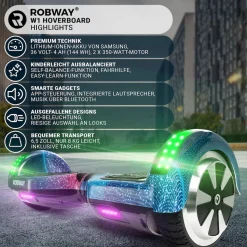ROBWAY W1 Hoverboard für Erwachsene und Kinder, 6,5 Zoll, Self-Balance, Bluetooth, App, 700 Watt, LEDs (Space Blue 2.0)
