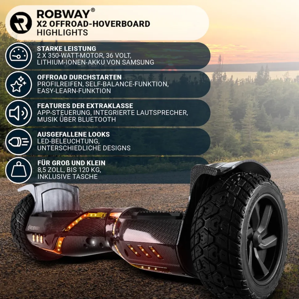 ROBWAY X2 Offroad-Hoverboard fürs Gelände, Erwachsene und Kinder, 8,5 Zoll, App, Bluetooth, 700 Watt (Navy Camo 2.0, Offroad)