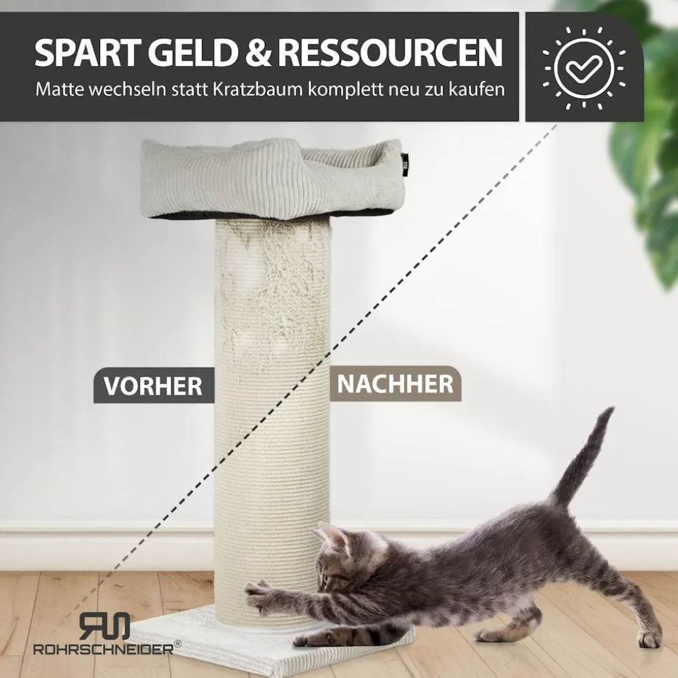 Rohrschneider XXL Kratzbaum FRIEDA – Kratztonne XXL | austauschbare Kratzmatten | stabil | extra breite Säule | Cord-Bezug waschbar | Kratzbaum für große, mittlere und kleine Katzen | Cord