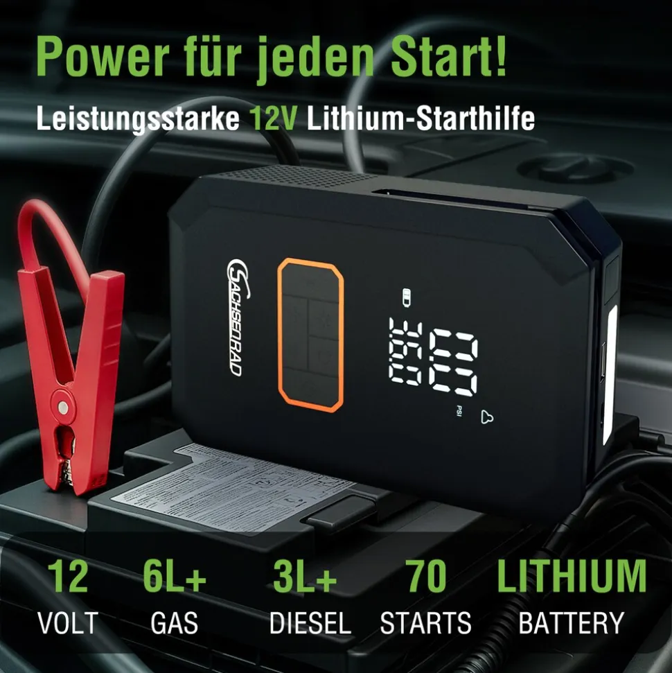 SachsenRAD Air Power Start Luftkompressor mit Auto-Starthilfe und Powerbank