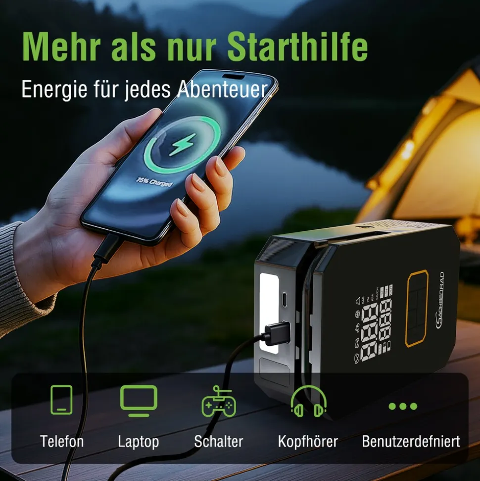 SachsenRAD Air Power Start Luftkompressor mit Auto-Starthilfe und Powerbank