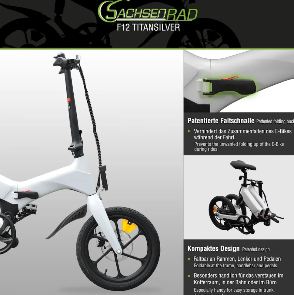 SachsenRAD E-Faltrad F12 Klapprad Ebike Elektrofahrrad Titansilber 16 Zoll