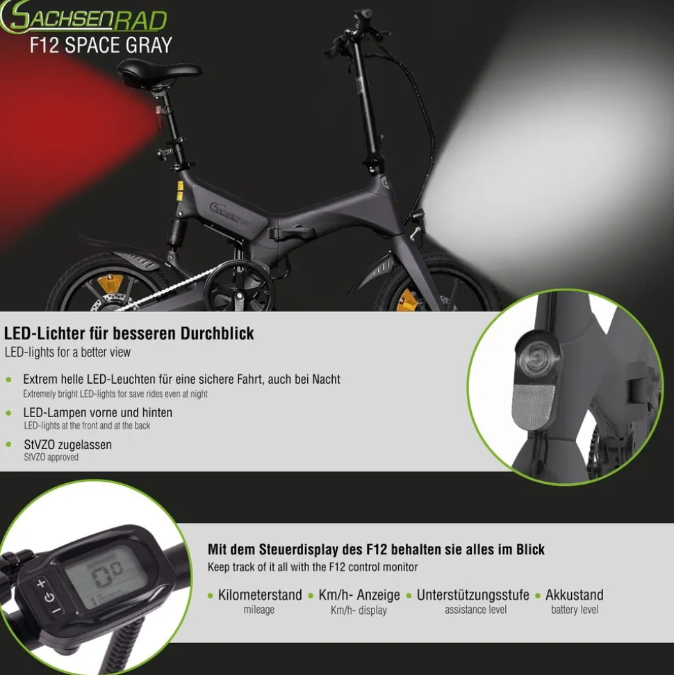 SachsenRAD E-Faltrad F12 Klapprad Ebike Elektrofahrrad Space Grau 16 Zoll