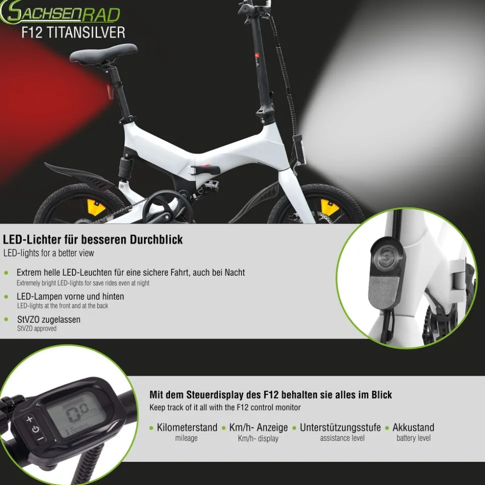 SachsenRAD E-Faltrad F12 Klapprad Ebike Elektrofahrrad Space Grau 16 Zoll