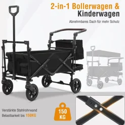 SachsenRAD Faltbarer Bollerwagen mit Dach, 150 kg