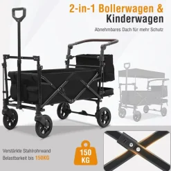 SachsenRAD Faltbarer Bollerwagen mit Dach, 150 kg