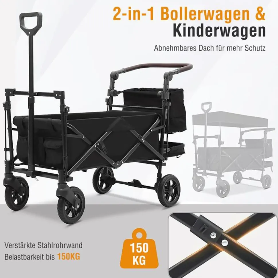 SachsenRAD Faltbarer Bollerwagen mit Dach, 150 kg