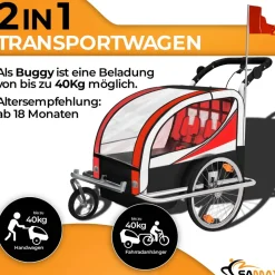 SAMAX 360° drehbarer Fahrradanhänger 2in1 Jogger - in Rot - Silver Frame