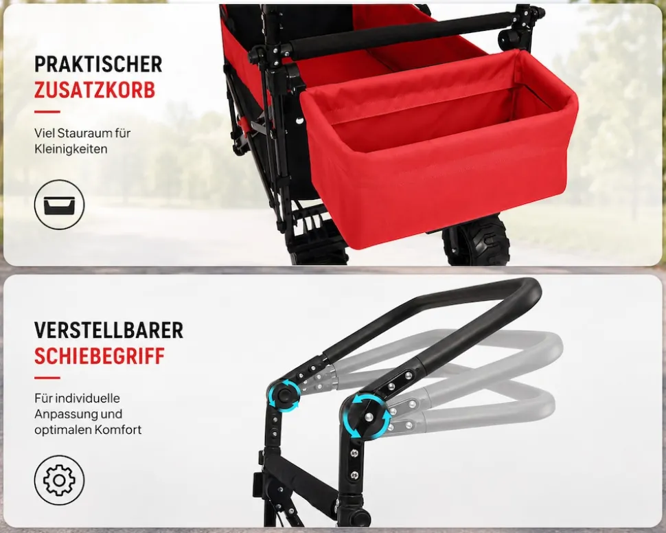 SAMAX Faltbarer Bollerwagen Offroad mit Dach - Schwarz / Rot