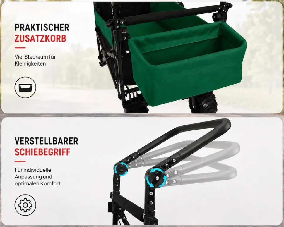 SAMAX Faltbarer Bollerwagen Offroad mit Dach - Schwarz / Rot