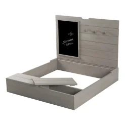 Sandkasten mit Deckel, aufklappbar mit Tafel & 3 Haken, Massivholz grau lasiert