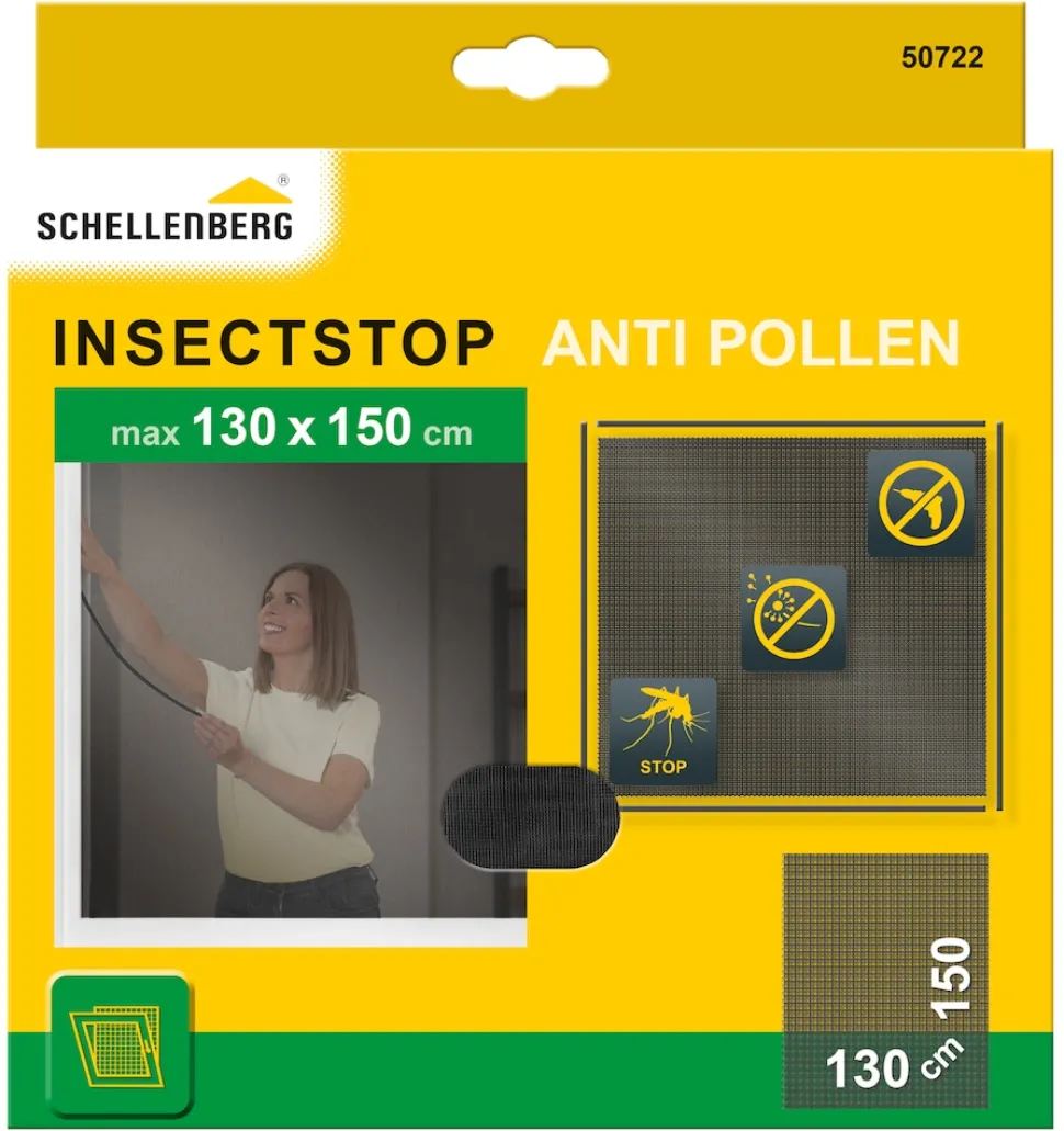 Schellenberg Pollen-Fliegengitter-Set, kombiniert Pollenschutz und Insektenschutz, 130 x 150 cm, inklusive Montagezubehör, einfache Klebe-Montage, anthrazit
