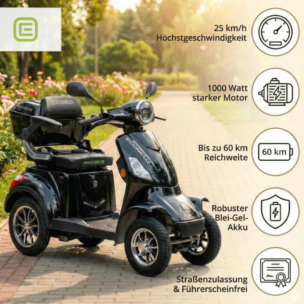 Seniorenmobil P4000, Lithium-Akku, 25 km/h, 1000 Watt, Schwarz