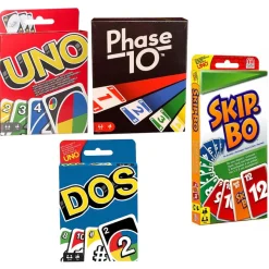 SPAR-SET 169882 - Mattel - 4er Set Kartenspiele: UNO, Skip Bo, Phase 10 und DOS