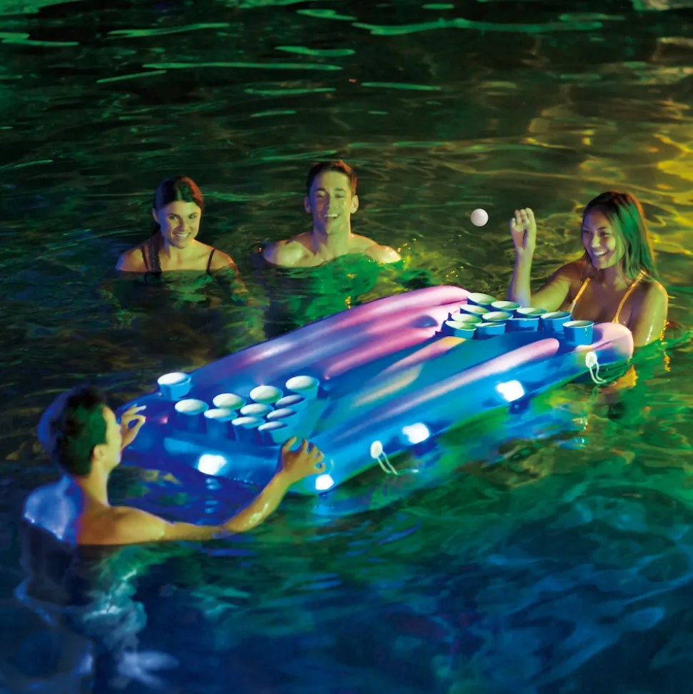 Summer Waves Luftmatratze & Bier-Pong Tisch inkl. LED blau 160x84x19 cm