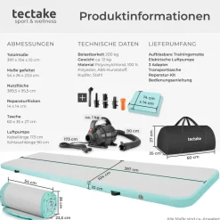 tectake® Airtrack Trainingsmatte, aufblasbar, rutschfestes, hochwertiges PVC, inkl. Transporttasche, 397 x 104 x 10 cm