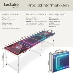 tectake® Aluminium Bierpongtisch, mit LED-Beleuchtung, bodenschonende Kunststofffüße, inklusive 100 Bechern, 6 Bällen und Kartentrinkspiel
