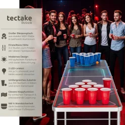tectake® Aluminium Bierpongtisch, mit LED-Beleuchtung, bodenschonende Kunststofffüße, inklusive 100 Bechern, 6 Bällen und Kartentrinkspiel