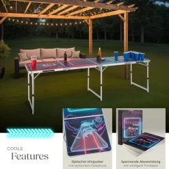 tectake® Aluminium Bierpongtisch, mit LED-Beleuchtung, bodenschonende Kunststofffüße, inklusive 100 Bechern, 6 Bällen und Kartentrinkspiel