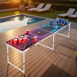 tectake® Aluminium Bierpongtisch, mit LED-Beleuchtung, bodenschonende Kunststofffüße, inklusive 100 Bechern, 6 Bällen und Kartentrinkspiel