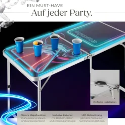 tectake® Aluminium Bierpongtisch, mit LED-Beleuchtung, bodenschonende Kunststofffüße, inklusive 100 Bechern, 6 Bällen und Kartentrinkspiel