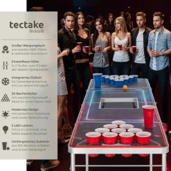 tectake® Aluminium Bierpongtisch, mit Eisfach, Becherlöchern, LED-Beleuchtung, bodenschonende Kunststofffüße, inklusive 100 Bechern, 6 Bällen und Kartentrinkspiel