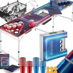 tectake® Aluminium Bierpongtisch, mit Eisfach, Becherlöchern, LED-Beleuchtung, bodenschonende Kunststofffüße, inklusive 100 Bechern, 6 Bällen und Kartentrinkspiel