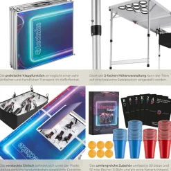 tectake® Aluminium Bierpongtisch, mit Eisfach, Becherlöchern, LED-Beleuchtung, bodenschonende Kunststofffüße, inklusive 100 Bechern, 6 Bällen und Kartentrinkspiel