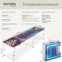 tectake® Aluminium Bierpongtisch, mit Eisfach, Becherlöchern, LED-Beleuchtung, bodenschonende Kunststofffüße, inklusive 100 Bechern, 6 Bällen und Kartentrinkspiel