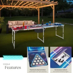tectake® Aluminium Bierpongtisch, mit Eisfach, Becherlöchern, LED-Beleuchtung, bodenschonende Kunststofffüße, inklusive 100 Bechern, 6 Bällen und Kartentrinkspiel