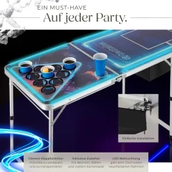 tectake® Aluminium Bierpongtisch, mit Eisfach, Becherlöchern, LED-Beleuchtung, bodenschonende Kunststofffüße, inklusive 100 Bechern, 6 Bällen und Kartentrinkspiel