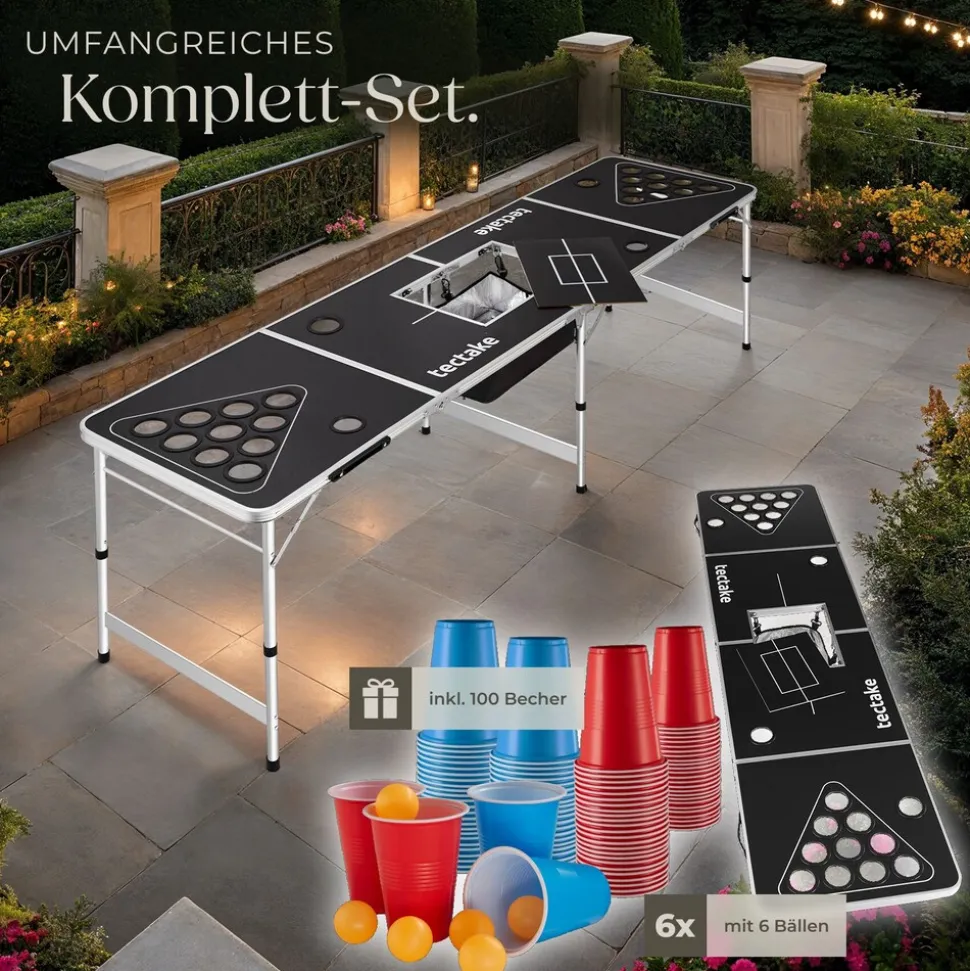 tectake® Aluminium Bierpongtisch, mit Eisfach, klappbar, bodenschonende Kunststofffüße, inklusive 100 Bechern und 6 Bällen