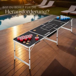 tectake® Aluminium Bierpongtisch, mit Eisfach, klappbar, bodenschonende Kunststofffüße, inklusive 100 Bechern und 6 Bällen