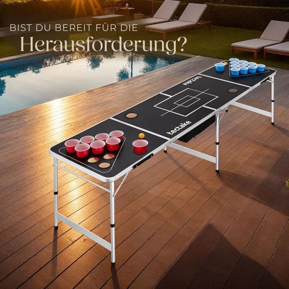 tectake® Aluminium Bierpongtisch, mit Eisfach, klappbar, bodenschonende Kunststofffüße, inklusive 100 Bechern und 6 Bällen