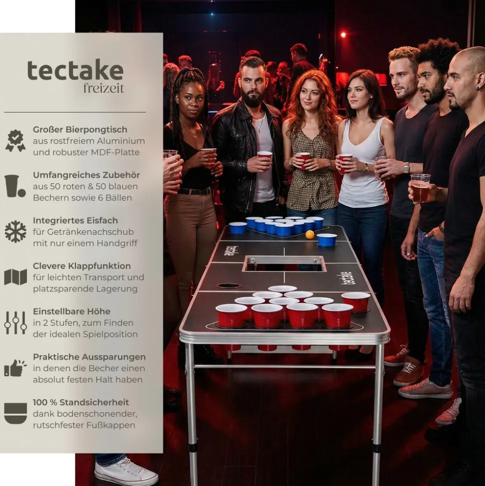 tectake® Aluminium Bierpongtisch, mit Eisfach, klappbar, bodenschonende Kunststofffüße, inklusive 100 Bechern und 6 Bällen